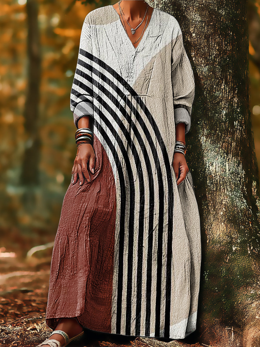 Women's Vintage Abstract Geometric Stripe Painting Art Print Dress