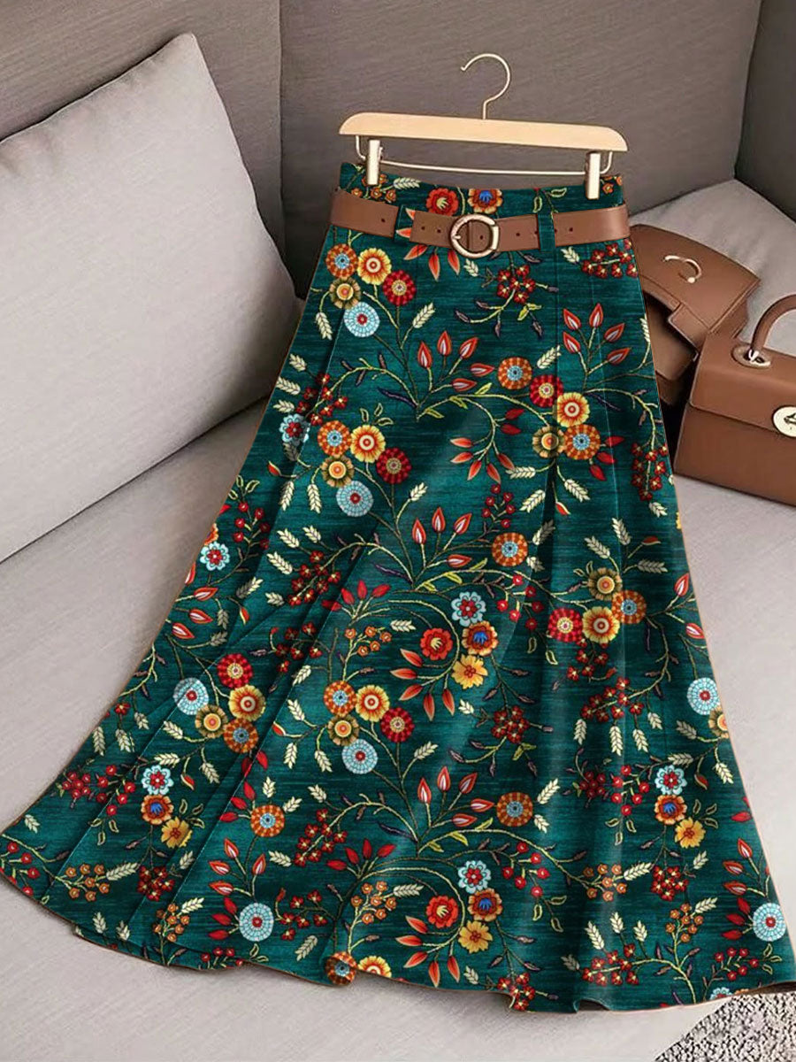 Women's Vintage Flower Art Print Cotton Skirt