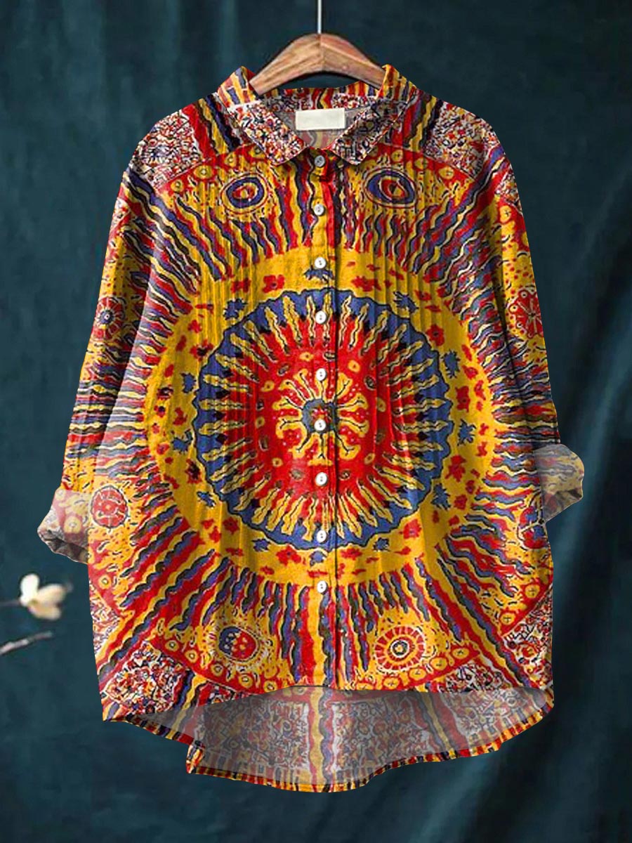 Women's Vintage Pattern Art Print Casual Cotton And Linen Ruffle Shirt