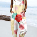 Women's Vintage Flowers Art Print Casual 100% Cotton Wide Leg Jumpsuit