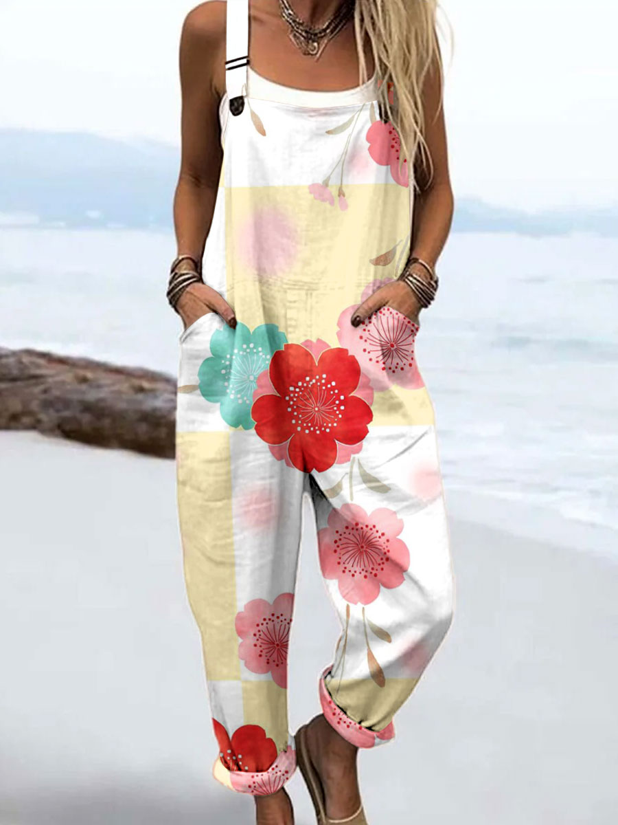 Women's Vintage Flowers Art Print Casual 100% Cotton Wide Leg Jumpsuit