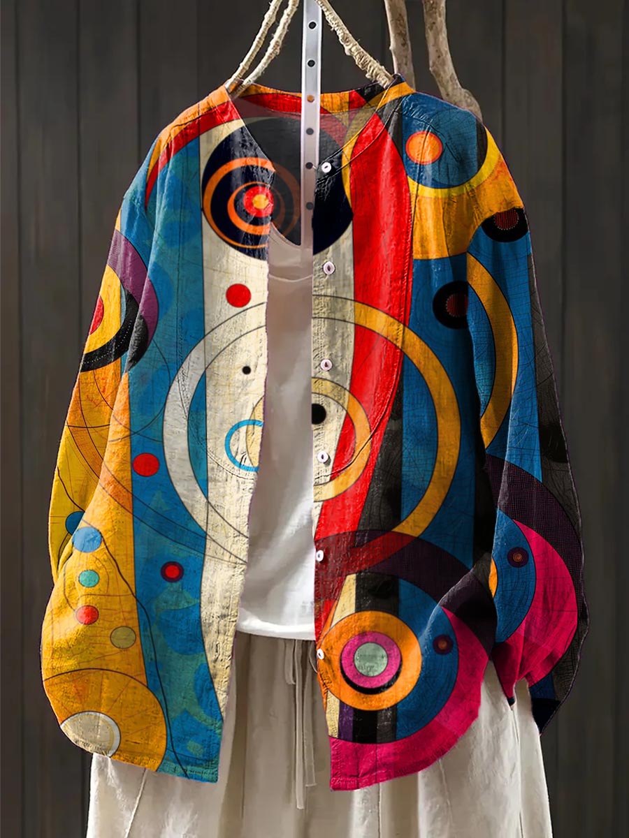 Women's Geometric Pattern Art Print Casual Cotton And Linen Shirt