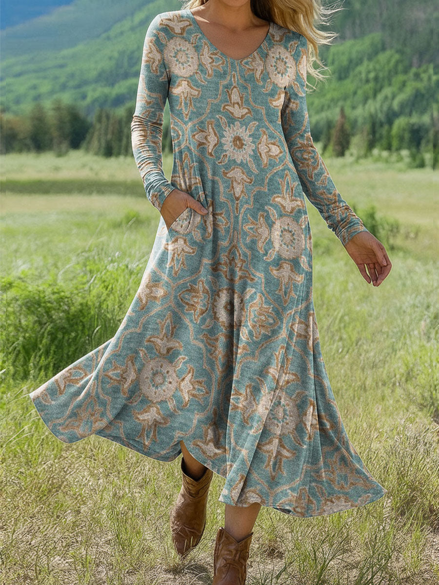 Women's Splicing Floral Print Art Print Long-sleeved Dress