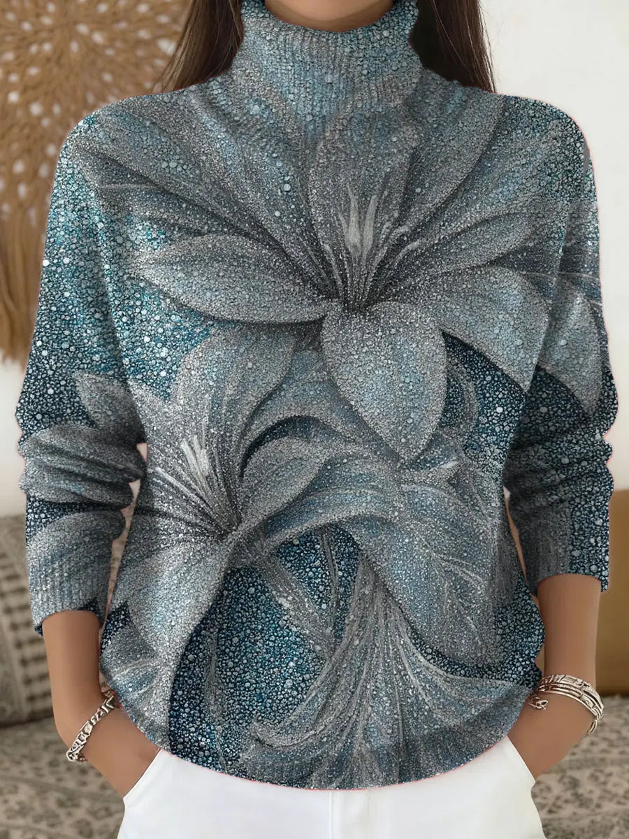 Women's Shiny Flowers Print Turtleneck Sweater