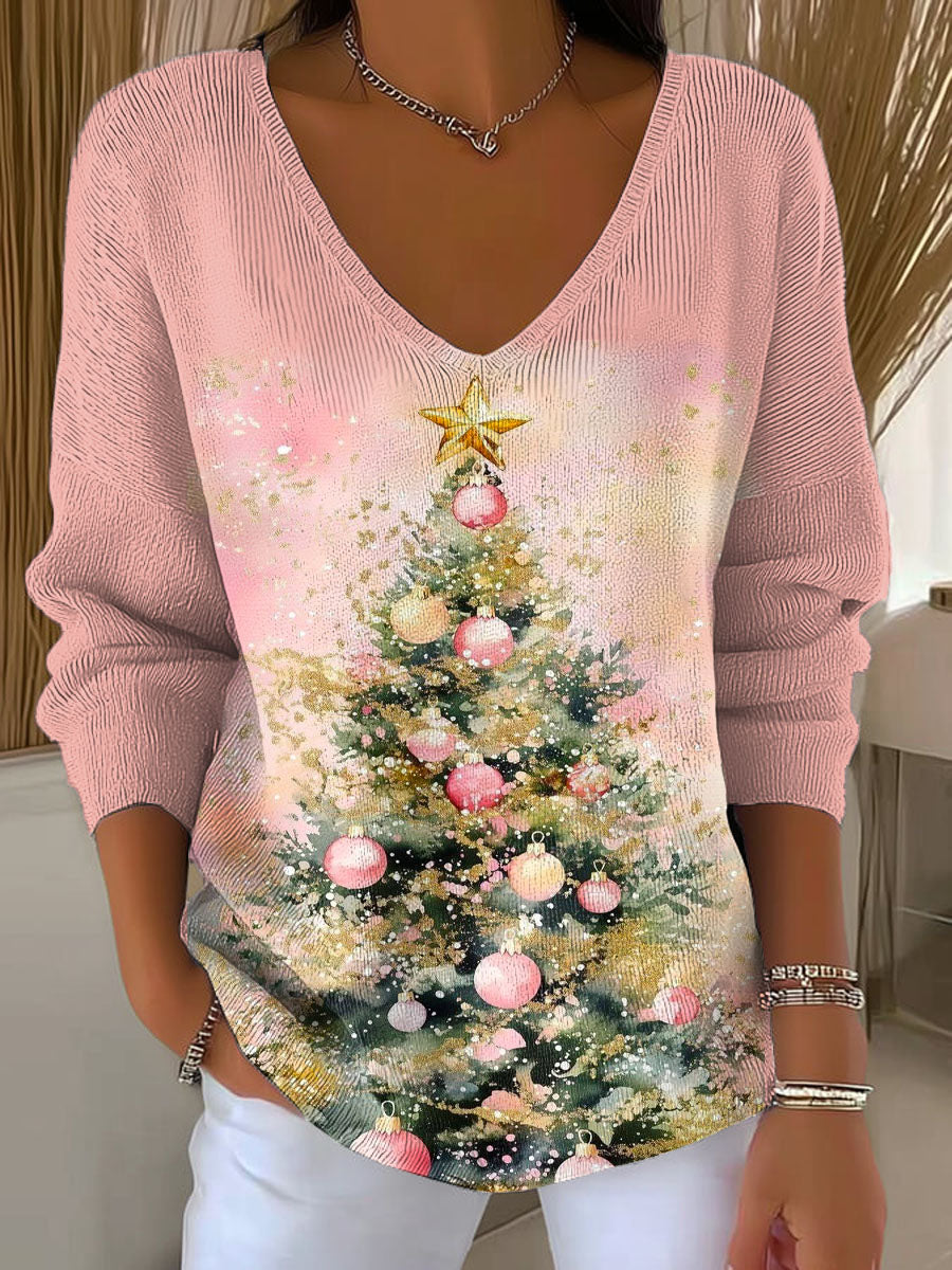 Women's Lovely Christmas Tree Pattern Art Print Casual Pullover Sweater