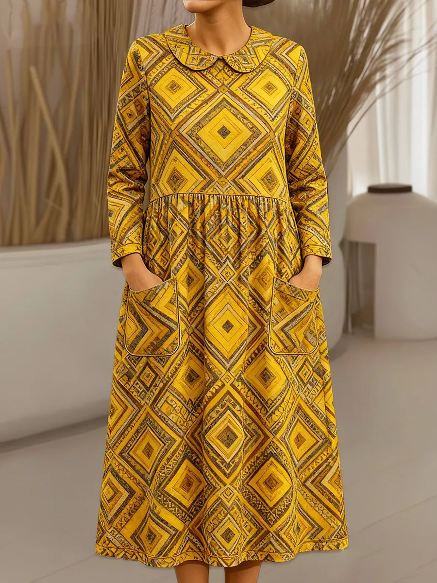 Women's Vintage Abstract Geometry Pattern Art Print Cotton Lapel Shirt Dress