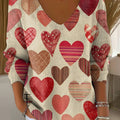 Valentine's Day Scrapbook-style Heart Decorative Pattern Women's Casual V Collar Long Sleeve Sweater