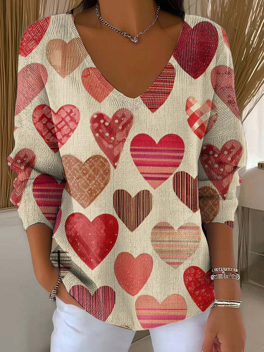 Valentine's Day Scrapbook-style Heart Decorative Pattern Women's Casual V Collar Long Sleeve Sweater