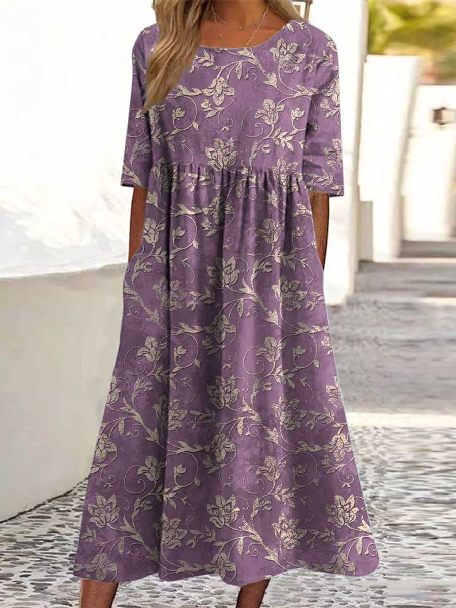 Women's Vintage Lovely Floral Art Print Pocket Cotton Dress