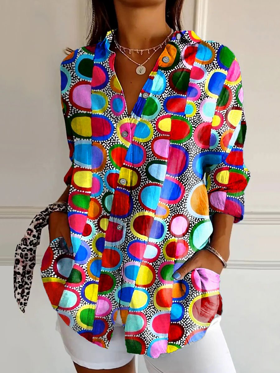 Women's Vintage Irregular Geometric Colorful Art Print Casual Cotton Shirt