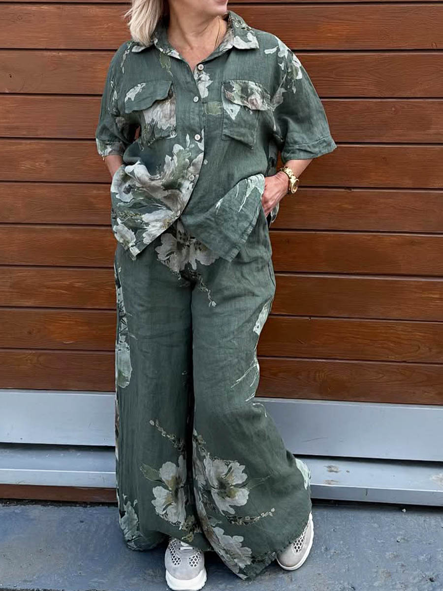 Women's Retro Positioning Print Lapel Short Sleeve Casual Cotton and Linen Shirt Elastic Waist Casual Cotton and Linen Wide Leg Pants Set