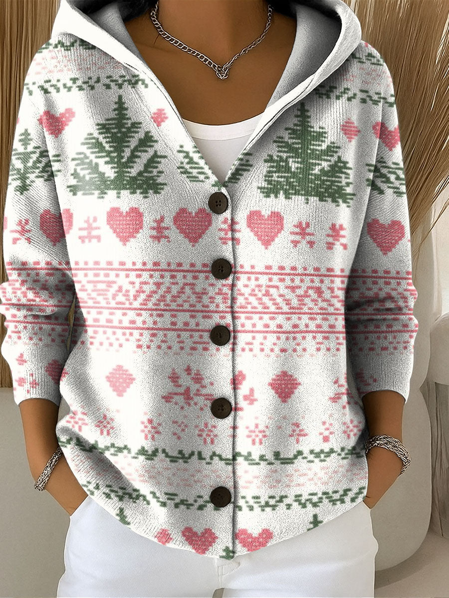 Women's Vintage Christmas Pattern Printed Casual Hooded Button Sweater