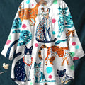 Women's Cat  Art  Print Casual Cotton And Linen Shirt