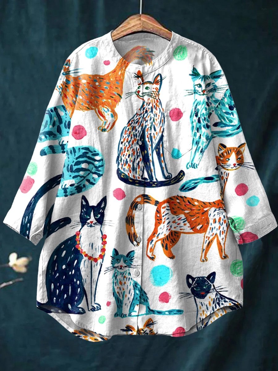 Women's Cat  Art  Print Casual Cotton And Linen Shirt
