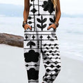 Women's Vintage Abstract Geometric Lines Flower Print Casual 100% Cotton Wide Leg Jumpsuit