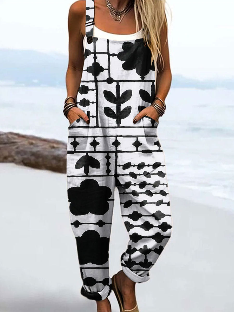 Women's Vintage Abstract Geometric Lines Flower Print Casual 100% Cotton Wide Leg Jumpsuit