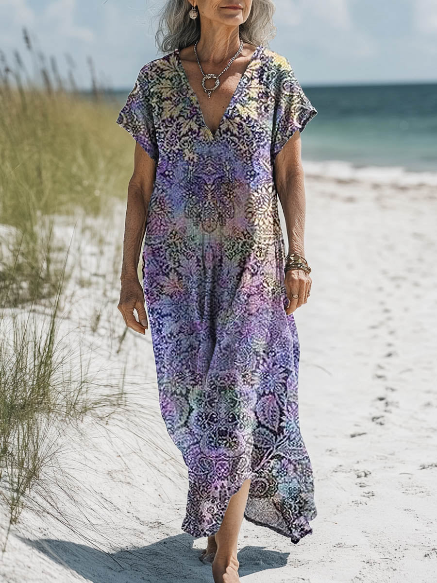 Women's Vintage Lovely Floral Art Print Pocket Cotton Dress