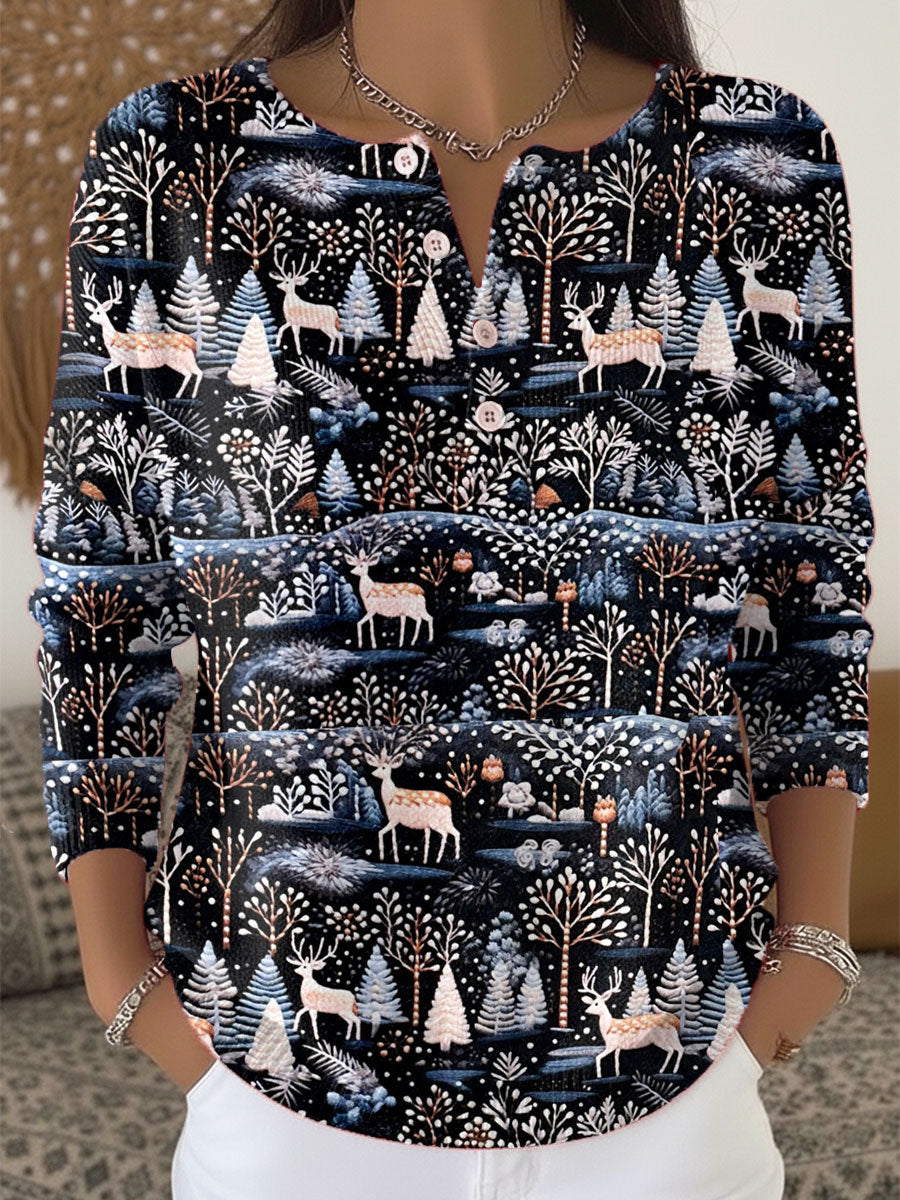 Vintage Christmas Art Print Buttoned Cardigan Sweater