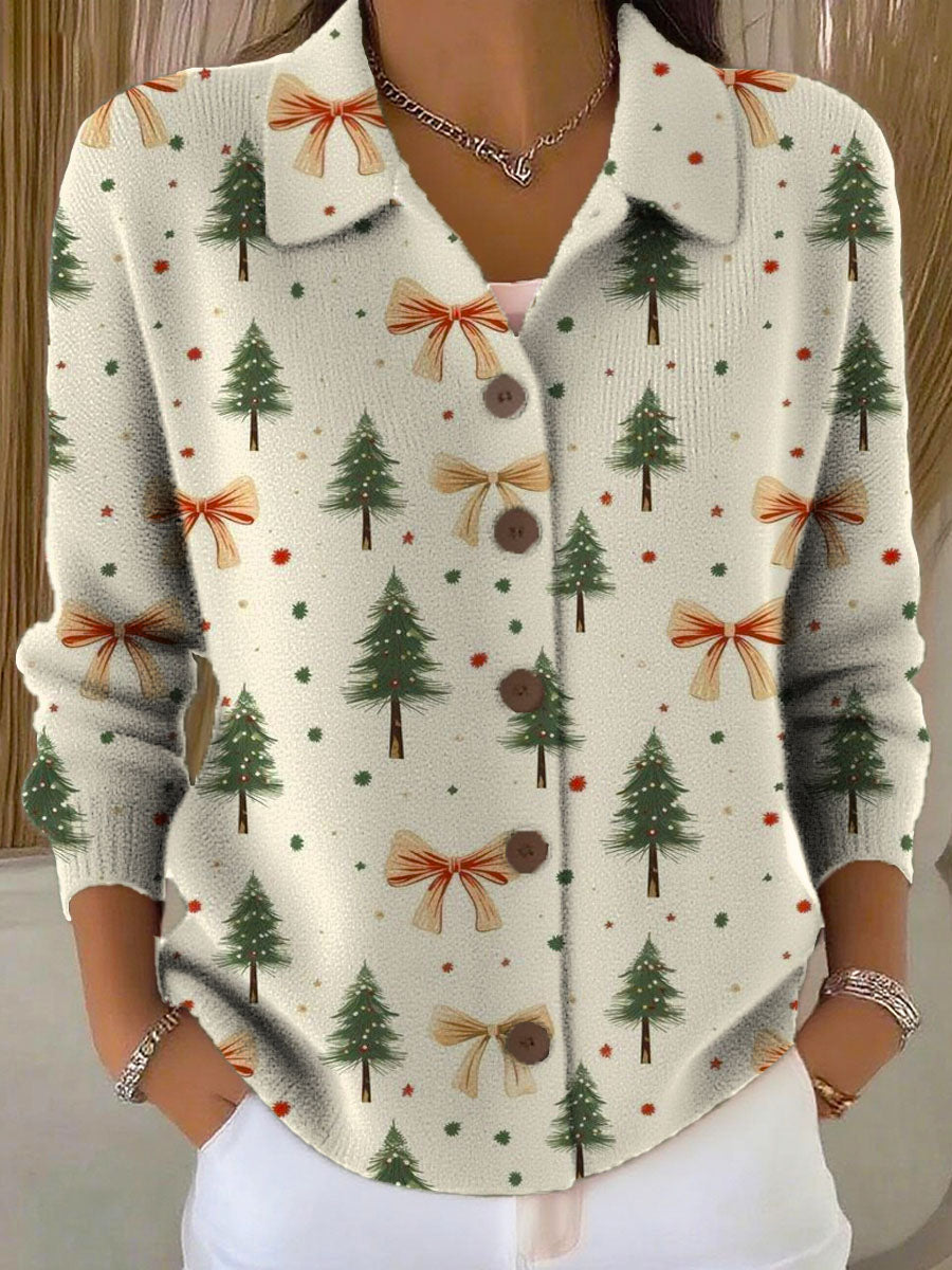 Women's Christmas Tree Art Print Casual Lapel Sweater
