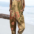 Women's Vintage Botanical Flower Art Print Casual 100% Cotton Wide Leg Jumpsuit