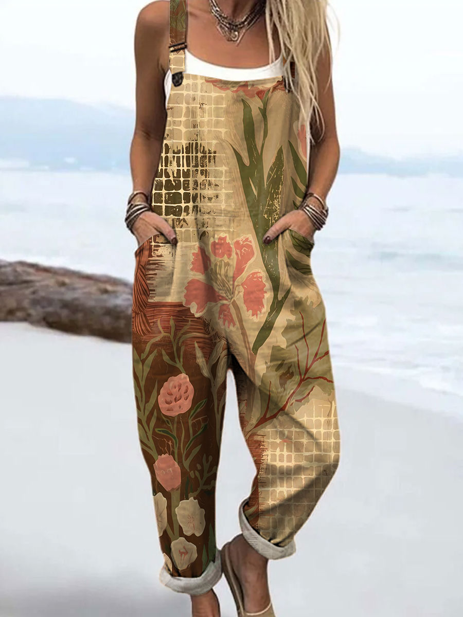 Women's Vintage Botanical Flower Art Print Casual 100% Cotton Wide Leg Jumpsuit
