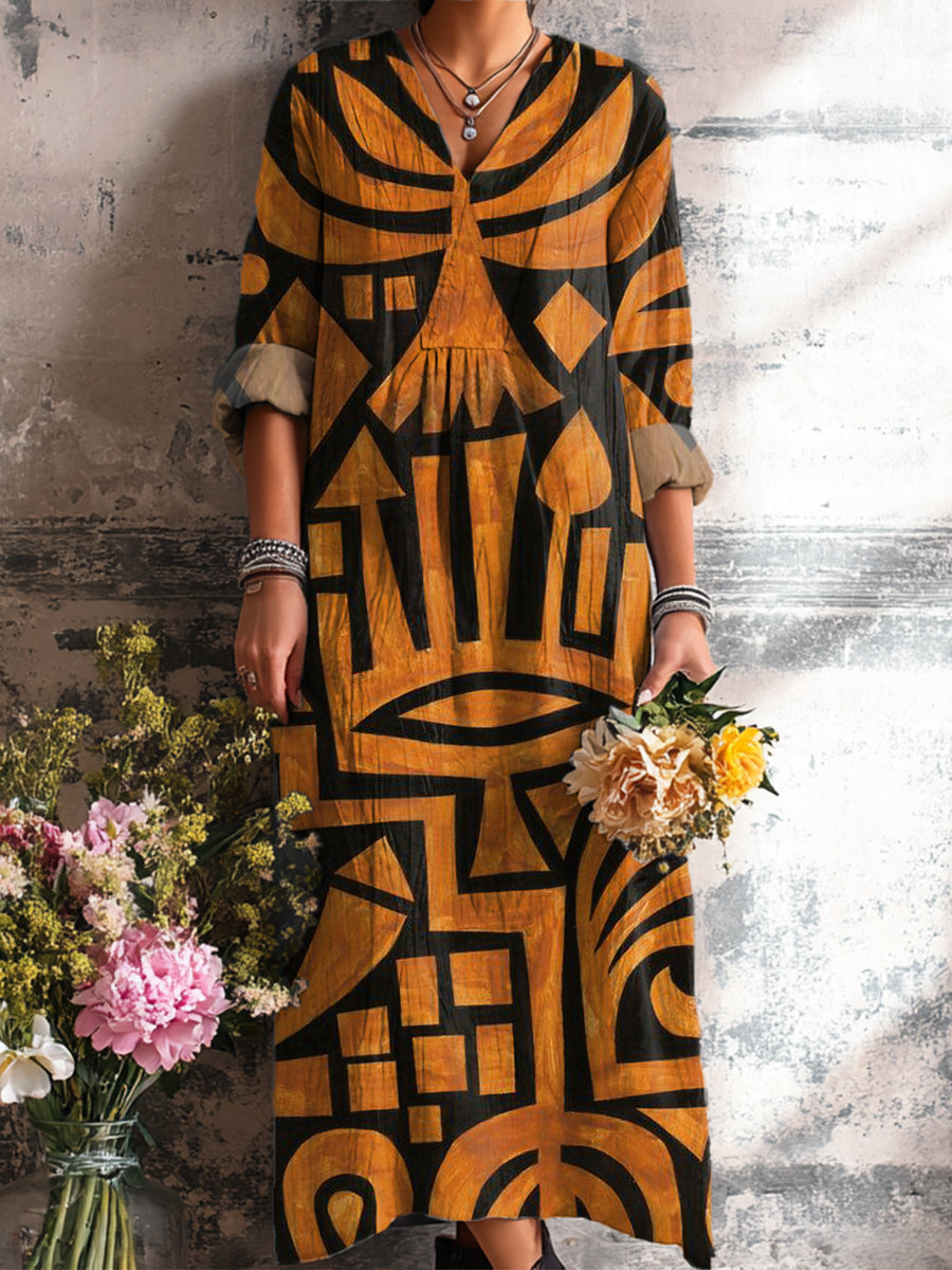 Women's Vintage Ethnic Geometric Totem Painting Art Print Dress