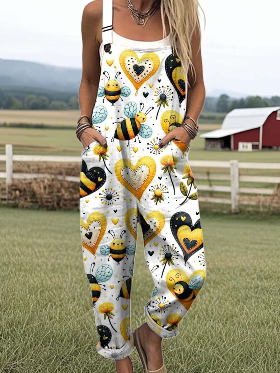 Women's Lovely Bees Art Print Casual 100% Cotton Wide Leg Jumpsuit