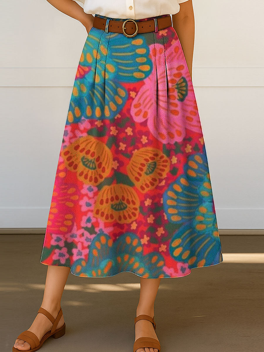 Women's Retro Flower Pattern Print Casual Cotton Skirt