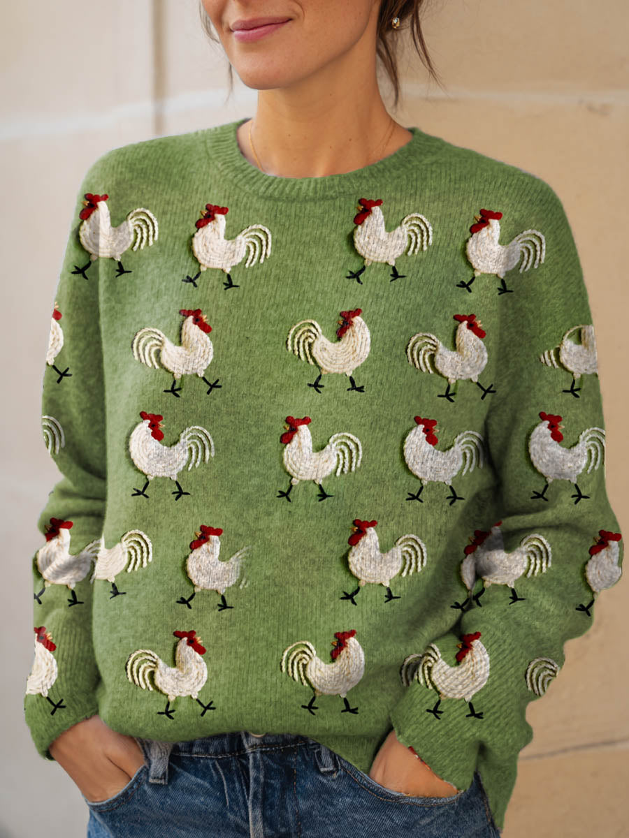 womens-lovely-chicken-art-print-knit-pullover-sweater