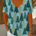 Women's Christmas Graphic Print V-Neck Short Sleeve Casual Loose Pullover Sweater