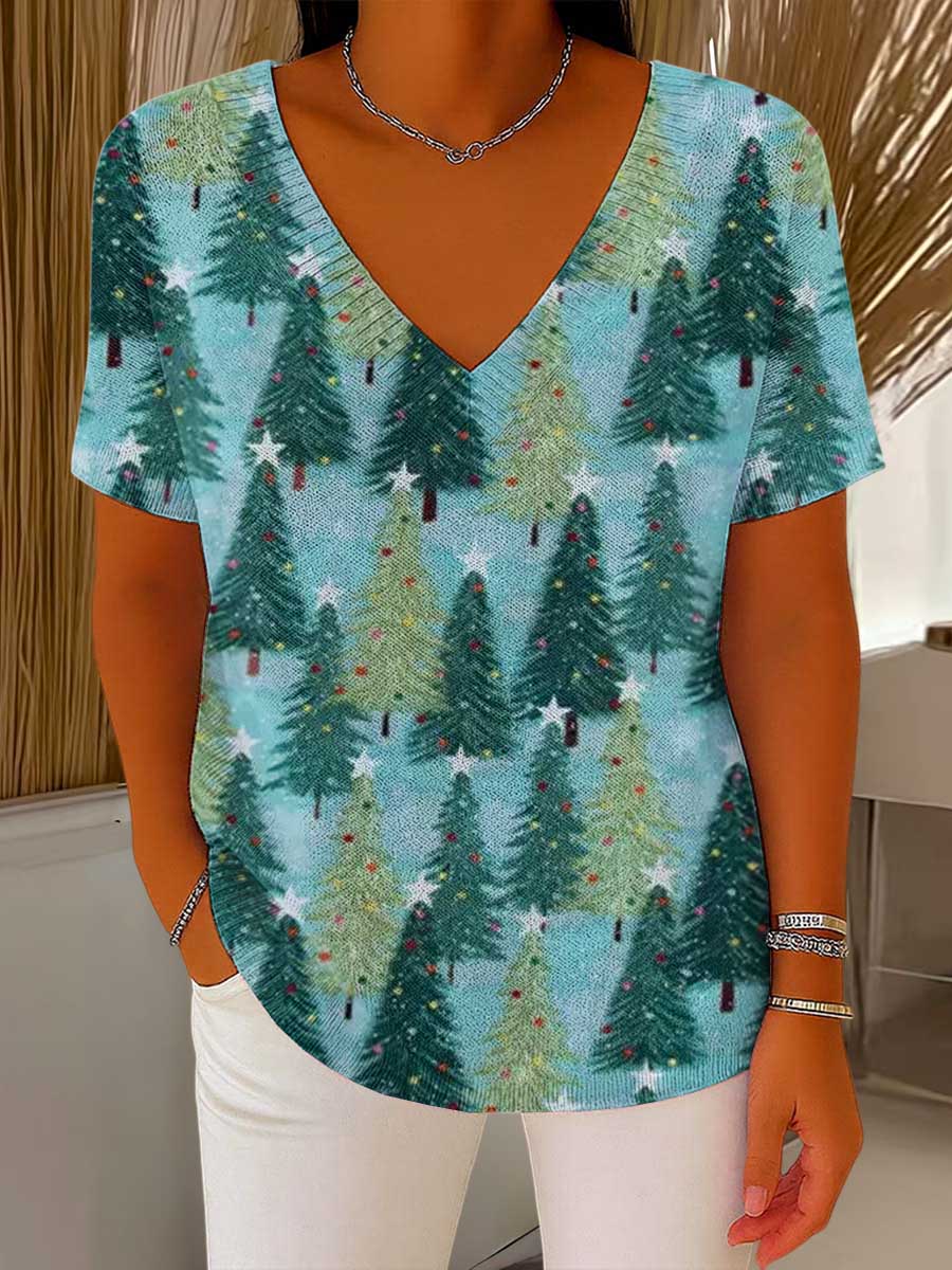 Women's Christmas Graphic Print V-Neck Short Sleeve Casual Loose Pullover Sweater