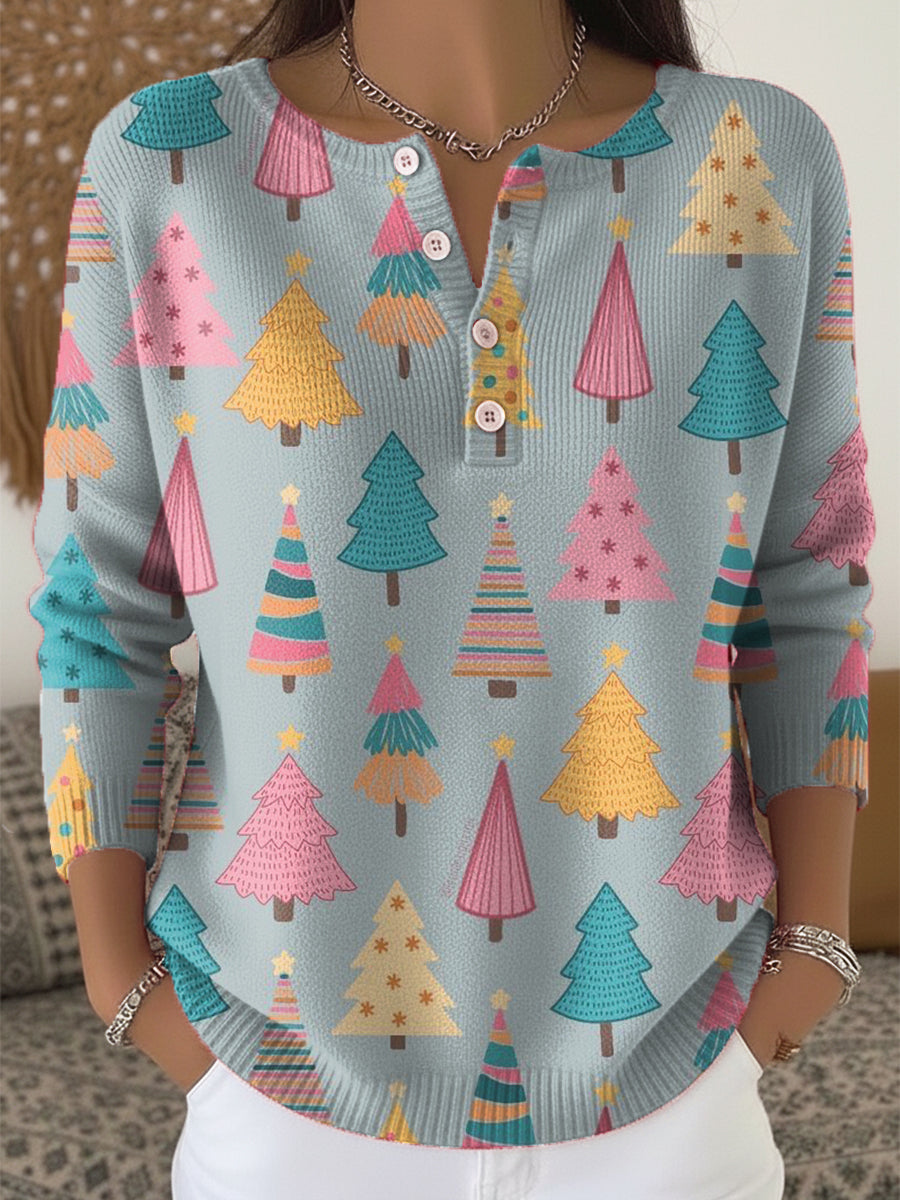 Beautiful Colorful Christmas Tree Painting Art Print Buttoned Cardigan Sweater