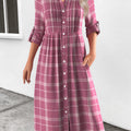 Pink Button Plaid Long Sleeve Shirt Collar Dress
