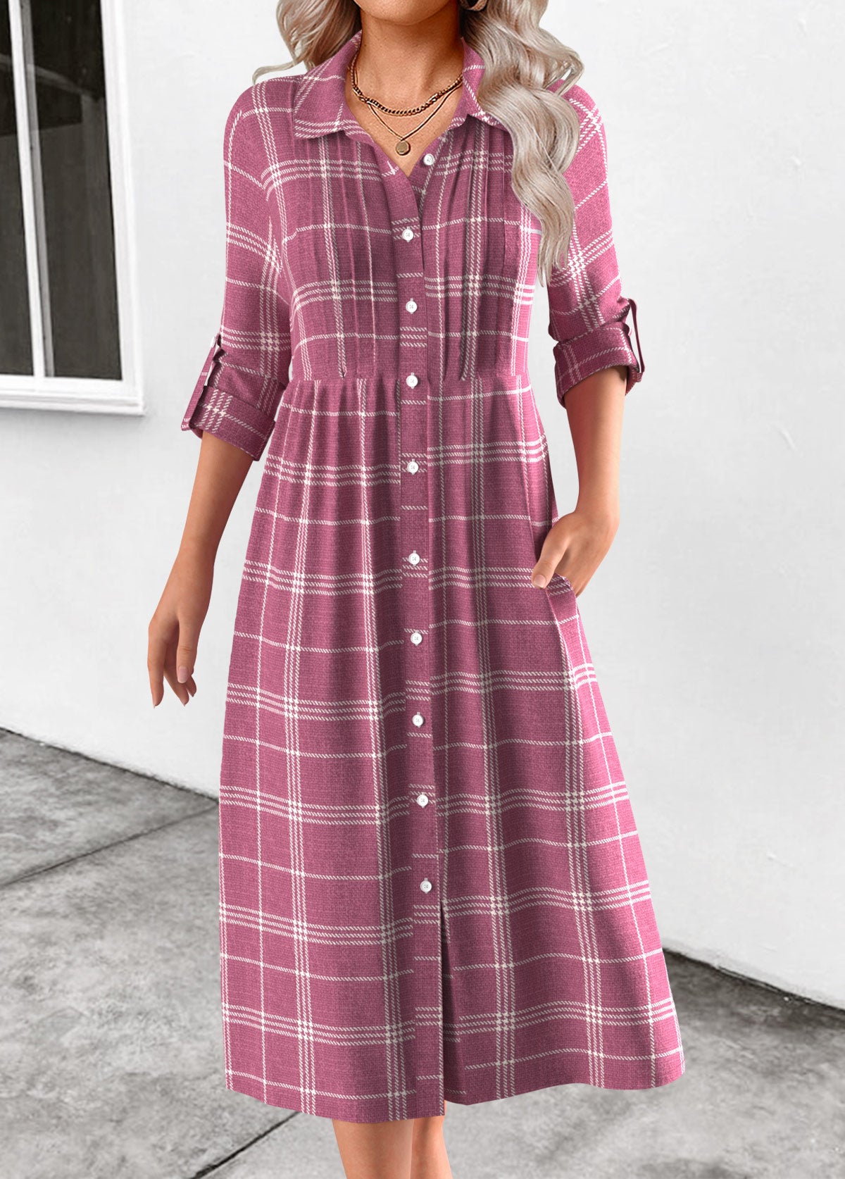 Pink Button Plaid Long Sleeve Shirt Collar Dress