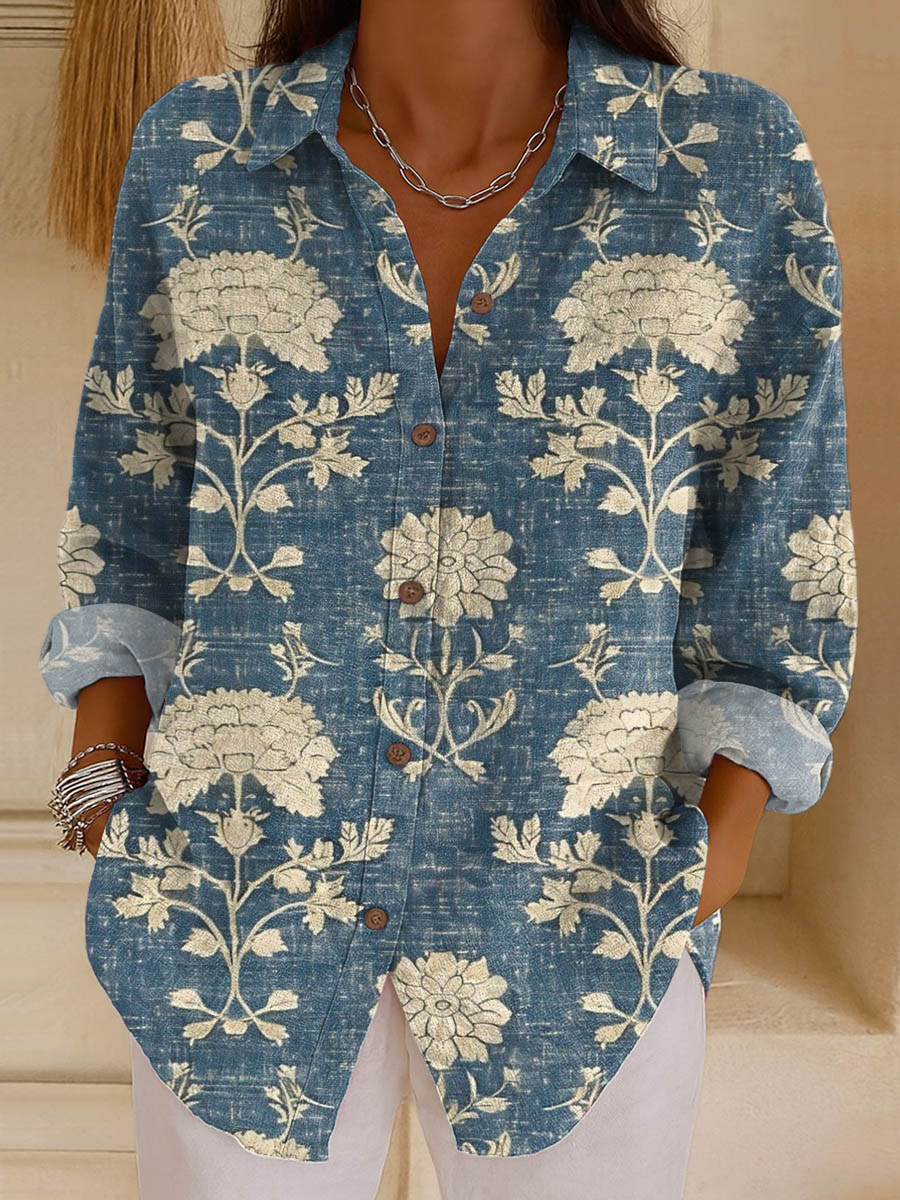 Women's Vintage Floral Pattern Art Print Casual Cotton Shirt