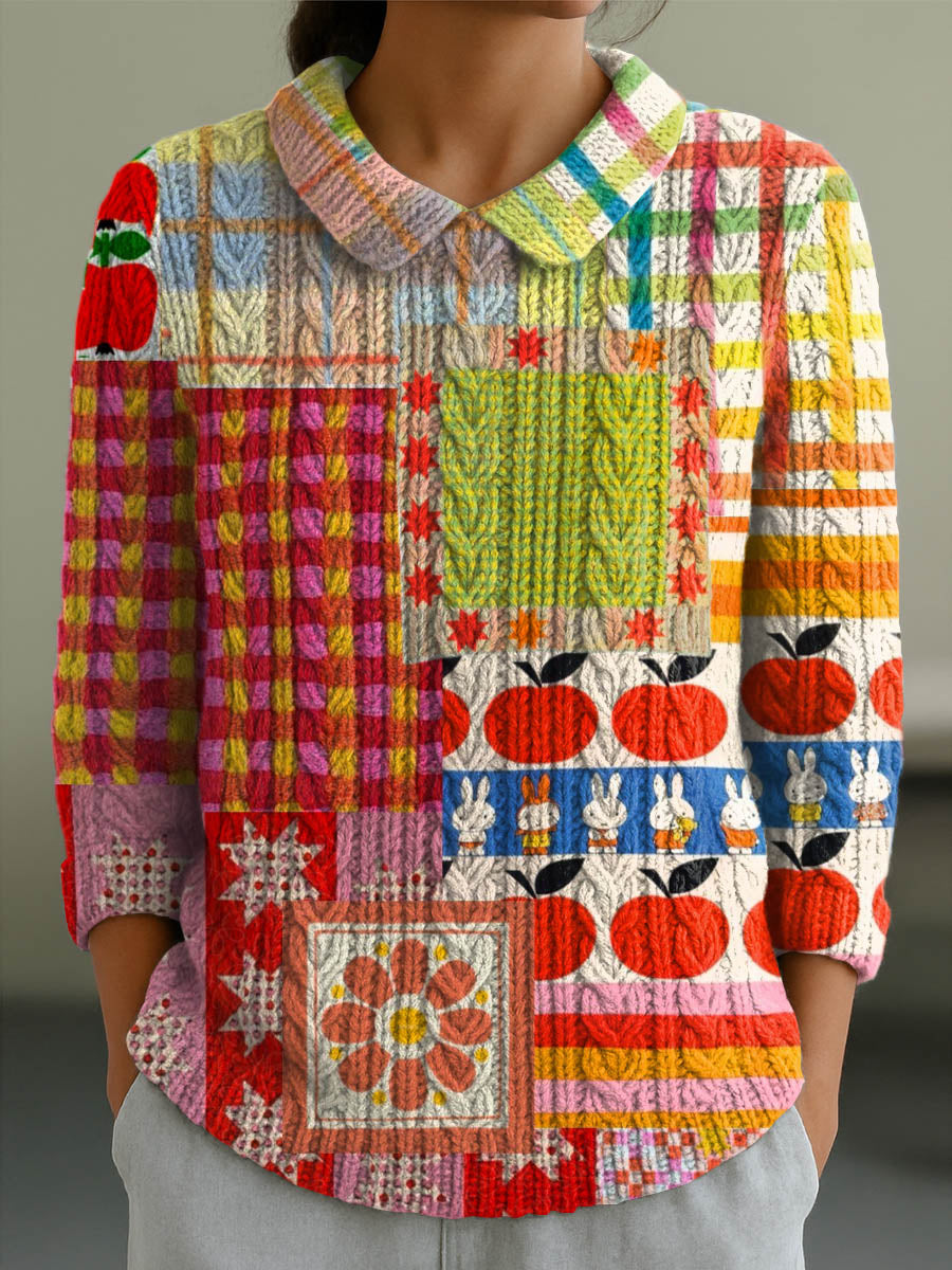 womens-vintage-patchwork-pattern-art-print-casual-peter-pan-collar-3-4-sleeve-sweater