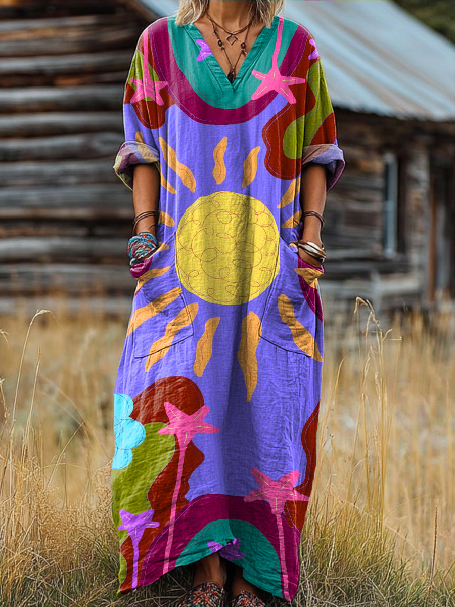 Women's Vintage Abstract Sun Colorful Painting Art Print Pocket V-neck Cotton Dress