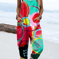 Women's Geometric Pattern Art Print Casual 100% Cotton Wide Leg Jumpsuit
