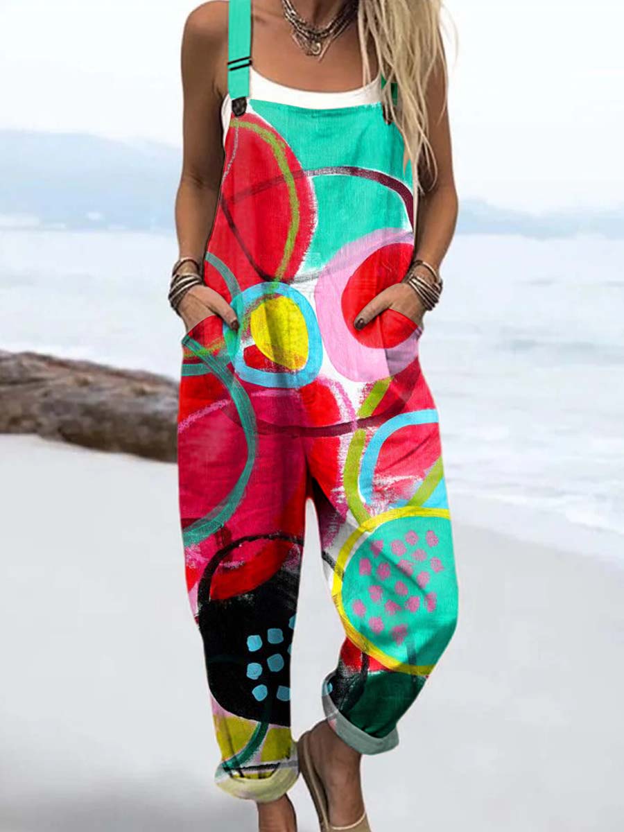 Women's Geometric Pattern Art Print Casual 100% Cotton Wide Leg Jumpsuit