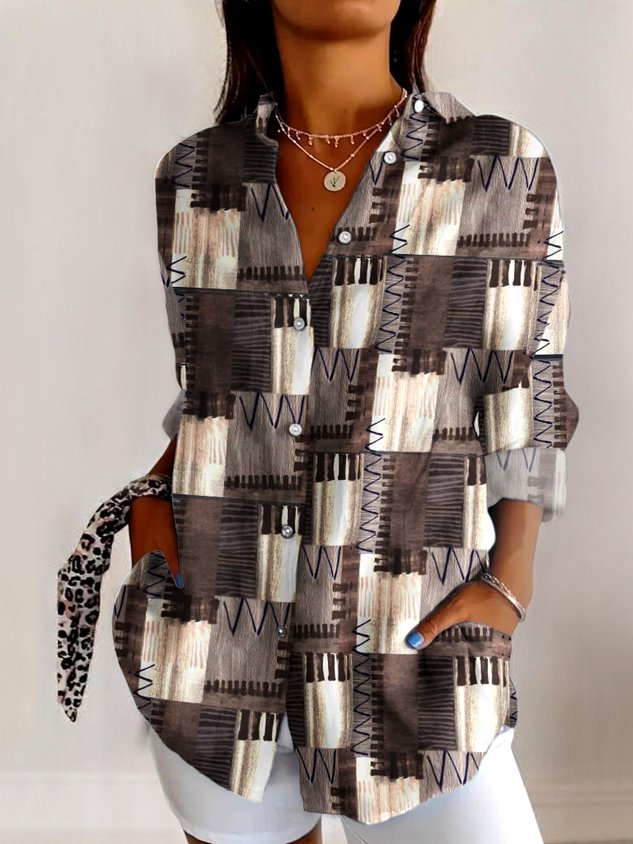 V Neck Long Sleeve Geometric Regular Micro-Elasticity Regular Fit Shirt For Women