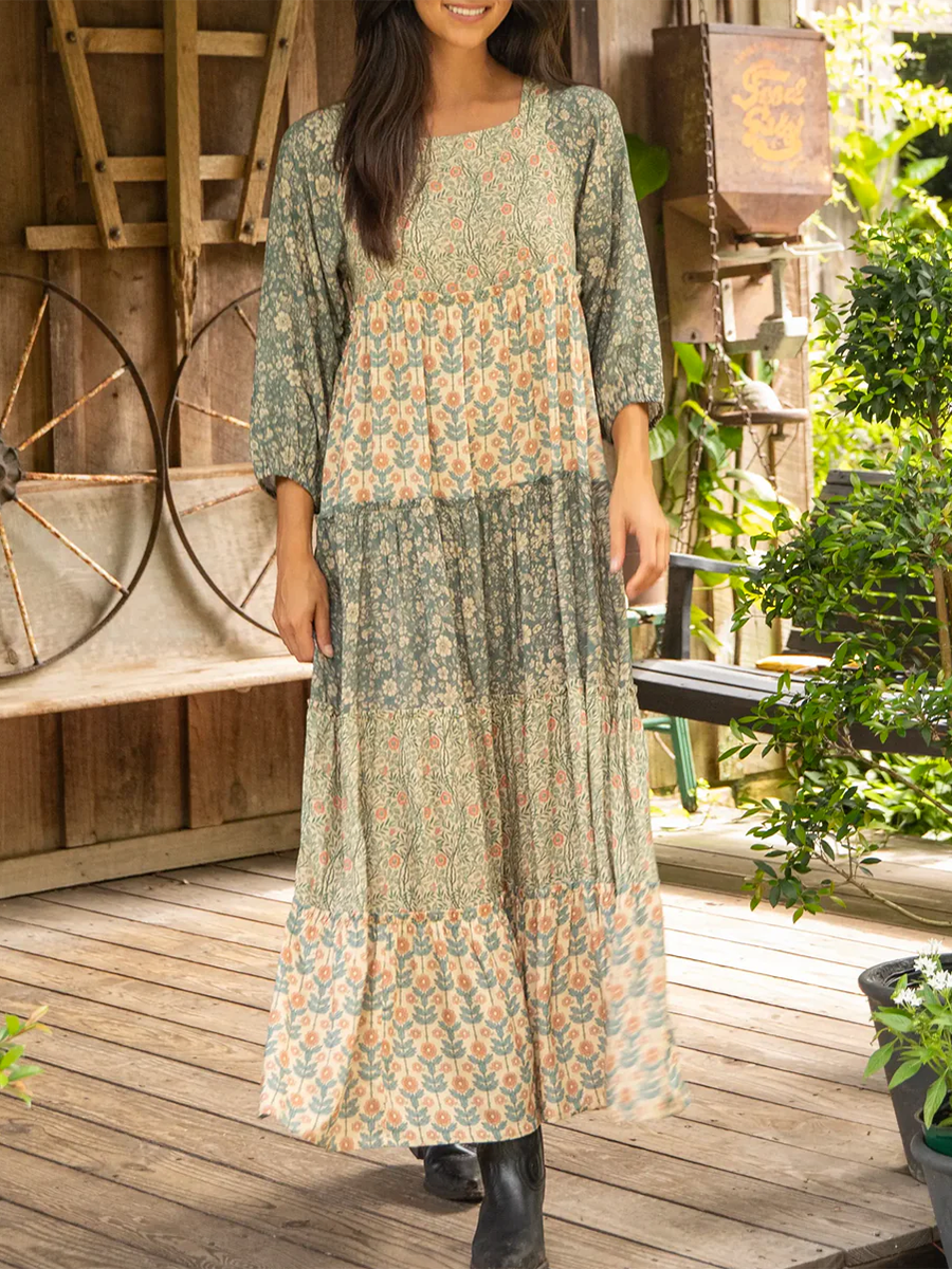 Square Neck Flower Patchwork Multi-layered Hem Midi Dress