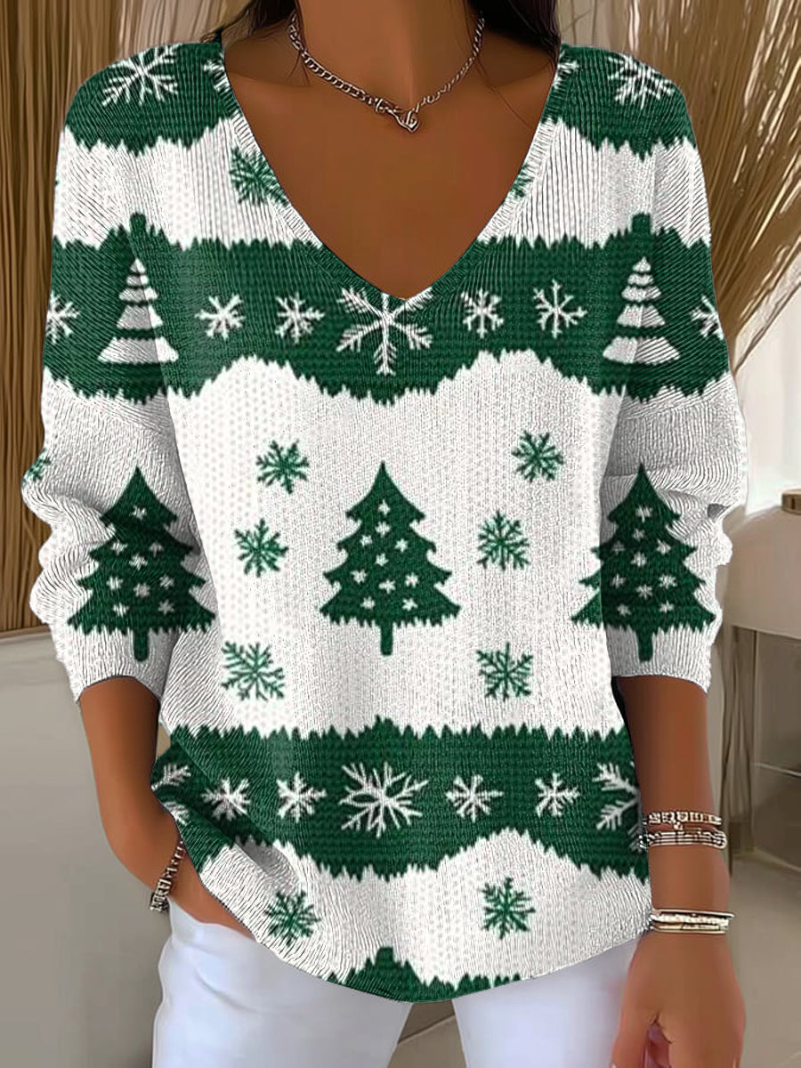 Women's Vintage Winter Christmas Tree Painting Art Print Casual Pullover Sweater