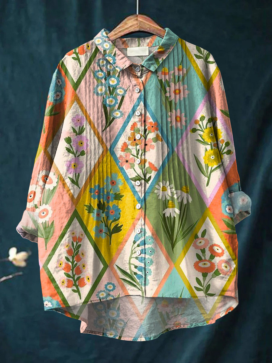 Women's Floral Art Print Casual Cotton And Linen Ruffle Shirt