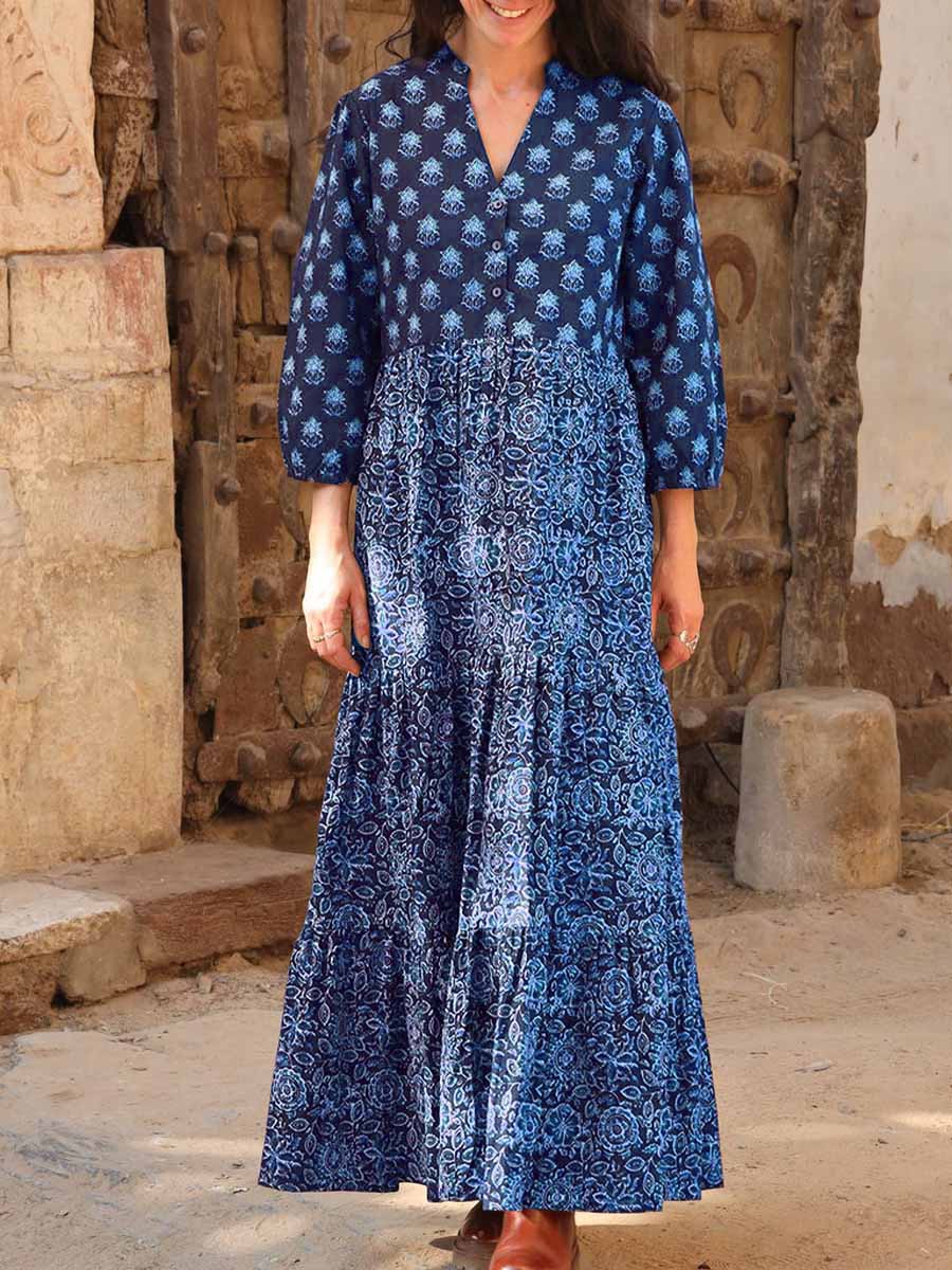 Women's Retro Print V-Neck 3/4 Sleeve Casual Loose A-Line Cotton Dress