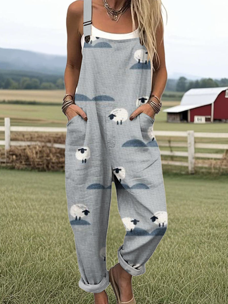 Women's Artistic Creative Lamb Print Casual 100% Cotton Wide Leg Jumpsuit