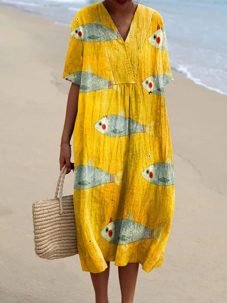 Women's Vintage Fish Art Print Flowy Dress