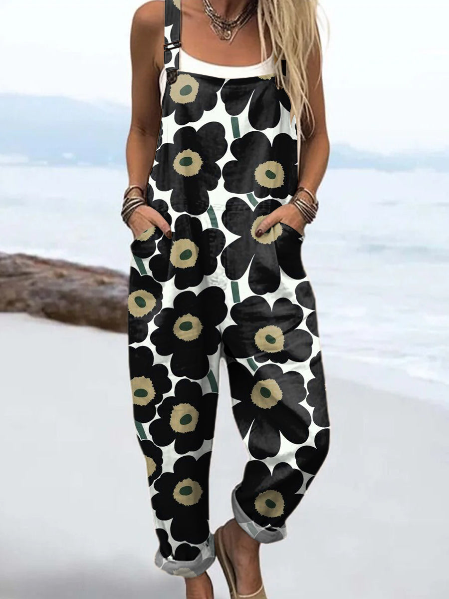 Women's Large Flower Painting Art Print Casual 100% Cotton Wide Leg Jumpsuit