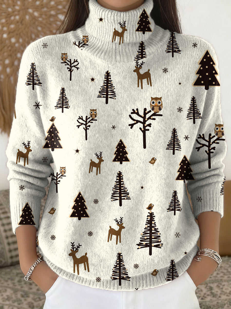 Women's Christmas Tree Pattern Art Print Knit Turtleneck Pullover Sweater