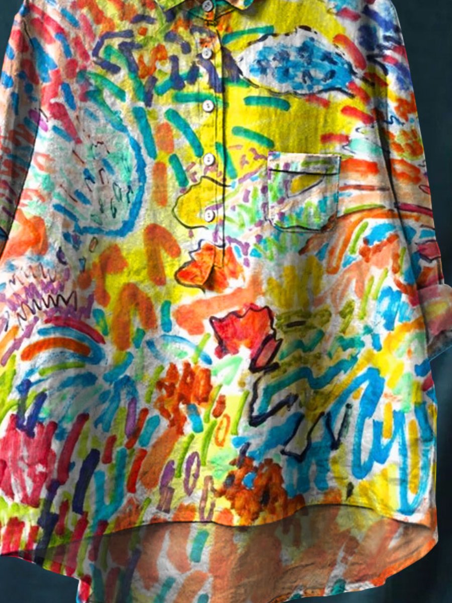 Women's Abstrct Ocean Art Print Casual Cotton And Linen Shirt