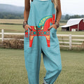 Women's Artistic Creative Pony Print Casual 100% Cotton Wide Leg Jumpsuit